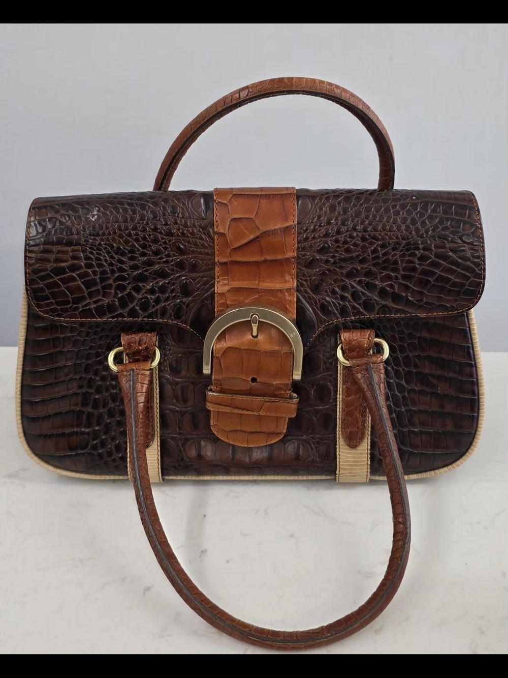 Brahmin Croc-Embossed Leather Satchel in Dark Brown and Tan